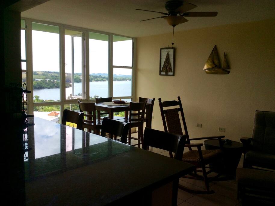 Scenic dining and living room.