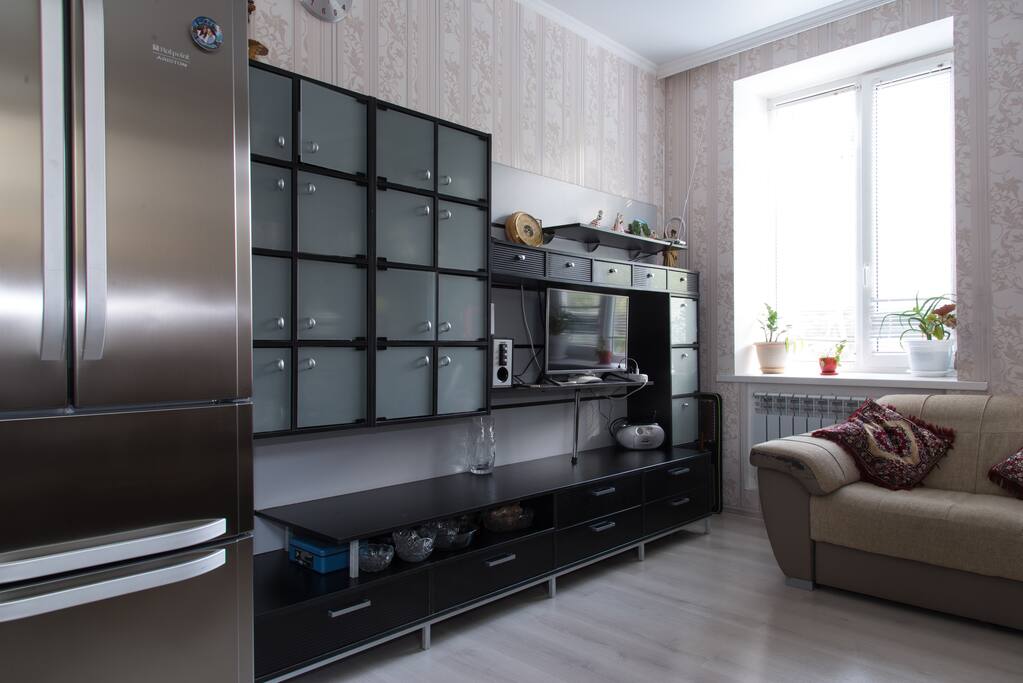 Large living room with kitchen
