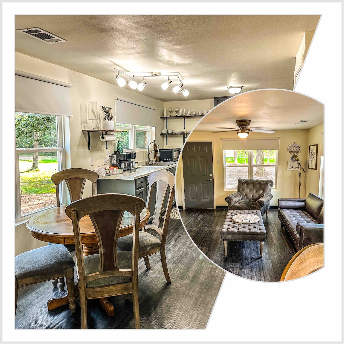 A cozy dining area features a round wooden table surrounded by four chairs. Nearby, a well-equipped kitchen is illuminated by track lighting. The inviting living area displays a plush sofa and accent chair, with a ceiling fan above and natural light streaming through large windows.