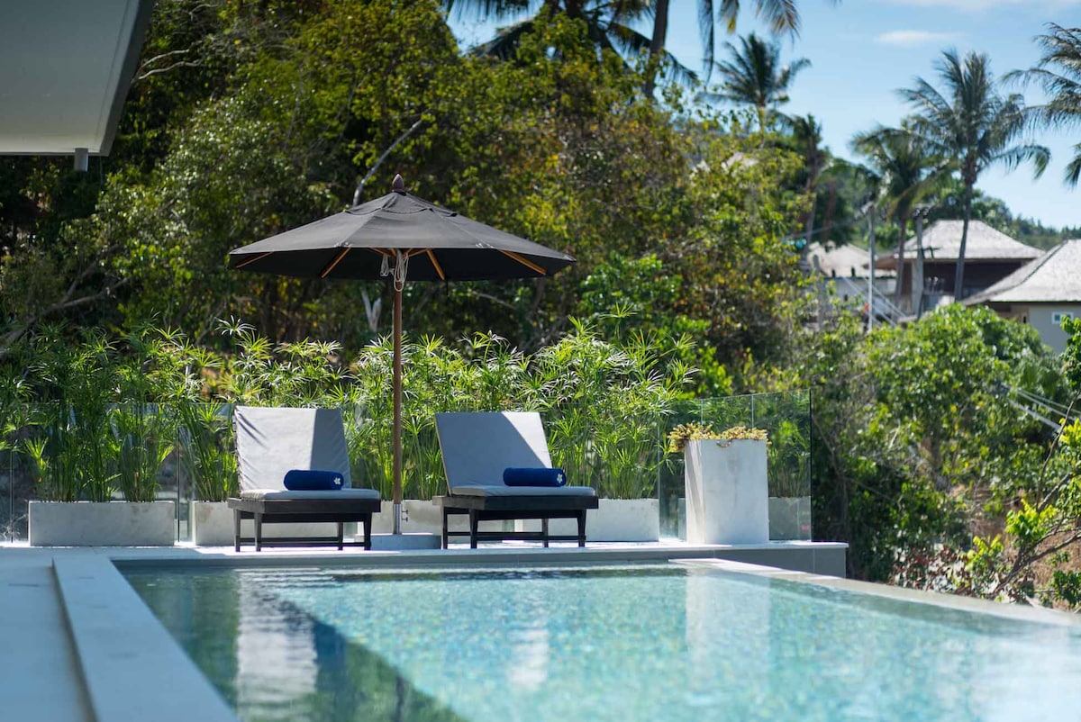The outdoor area features a serene infinity pool with crystal-clear water, surrounded by tropical greenery. Two loungers with navy blue cushions are placed under a dark umbrella, providing a shaded space for relaxation. The scene is enhanced by the vibrant natural landscape in the background.
