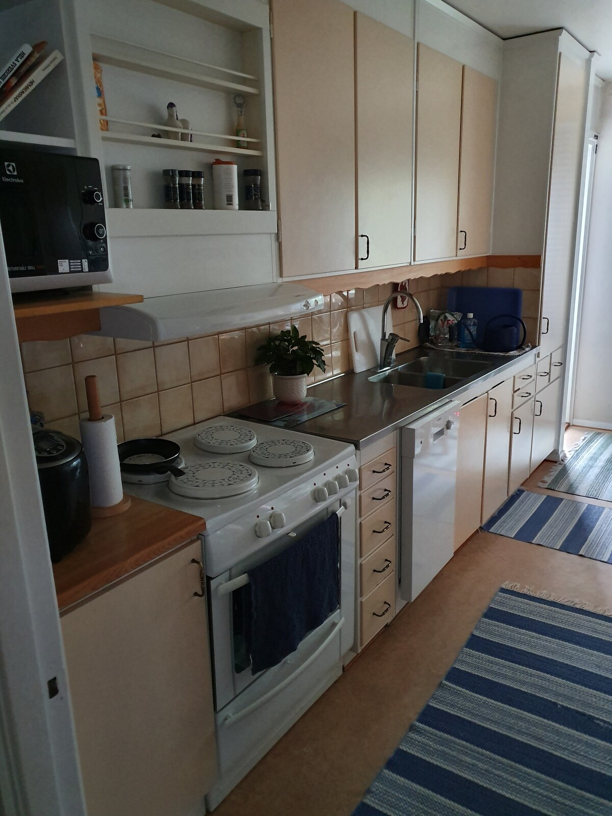 The kitchen features a combination of wooden countertops and built-in cabinetry, providing ample storage. A sleek stainless steel sink is positioned beside a stove and oven. Light-colored tiles are seen on the walls, and a small plant adds a touch of greenery.