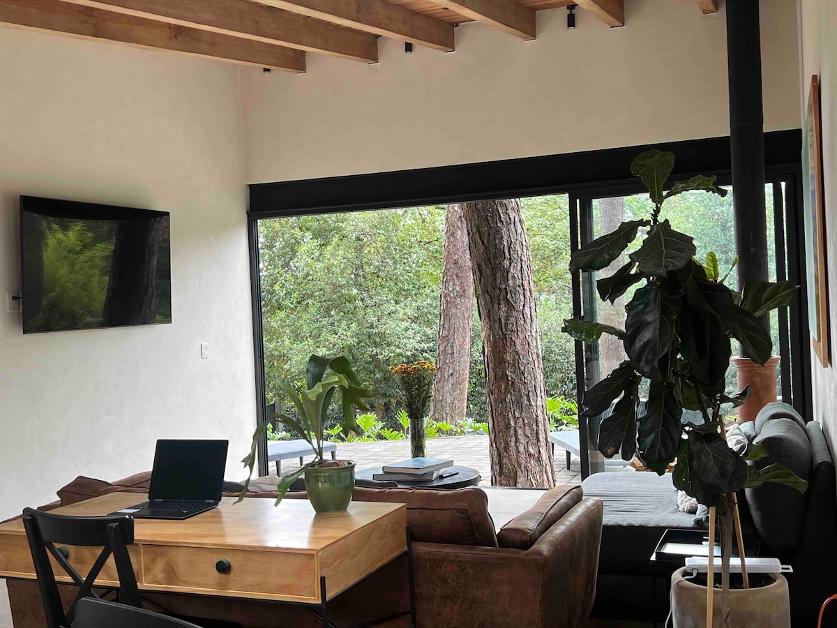 A modern living area is presented, featuring a wooden desk with a laptop and a potted plant. A comfortable sofa is positioned beside a large window, offering a view of greenery. A mounted television is visible on the wall, enhancing the space's functionality.
