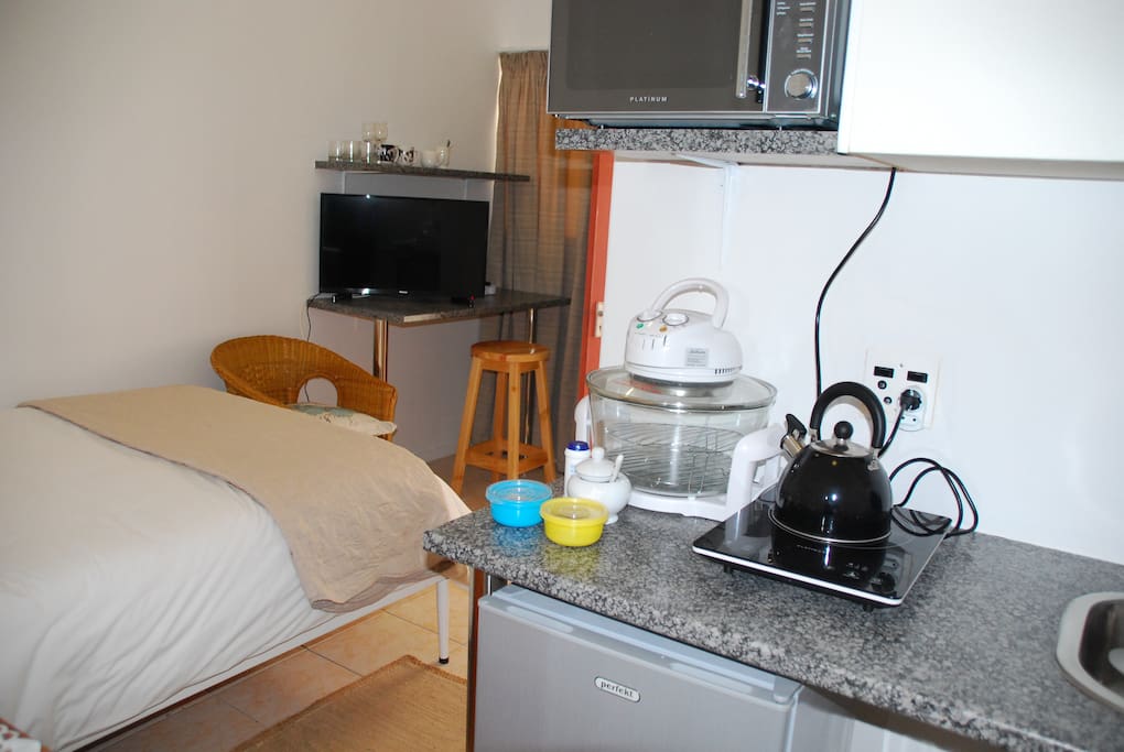 Kitchenette with fridge, microwave, convection oven and induction plate