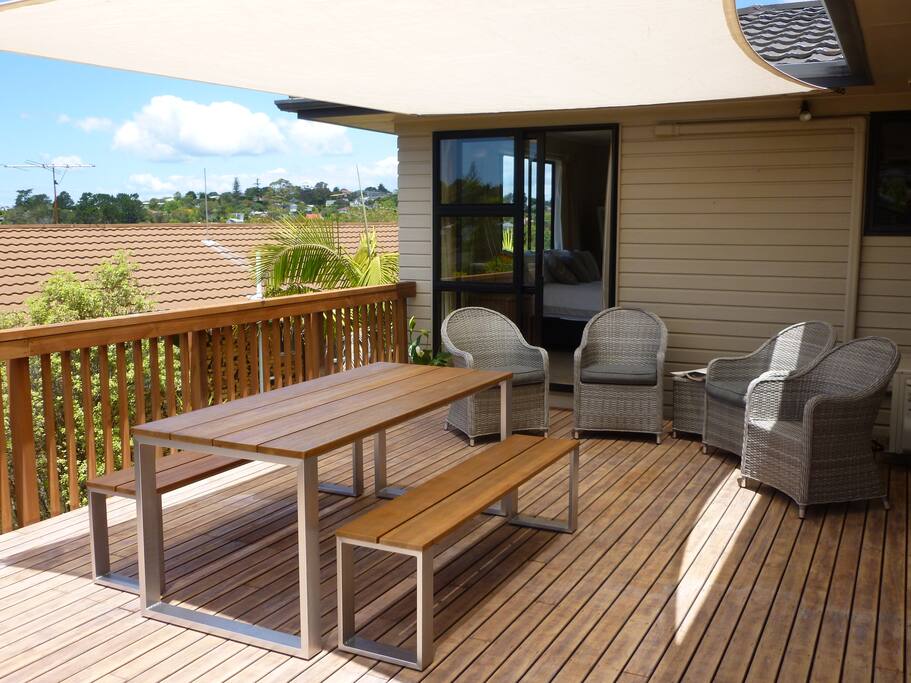 North facing deck with shade sail.