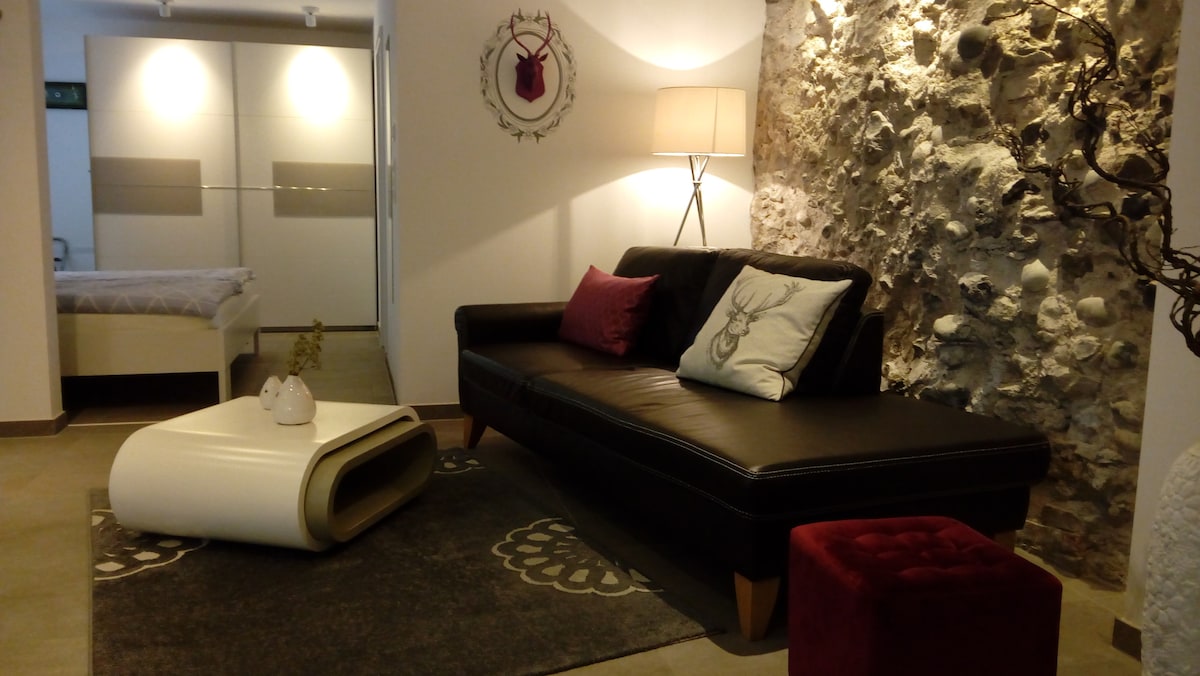 A modern living area features a sleek black sofa with decorative pillows, accompanied by a light-colored coffee table and a vibrant red pouf. A textured stone wall adds character, while a subtle lamp provides soft lighting, creating a cozy ambiance in the space.