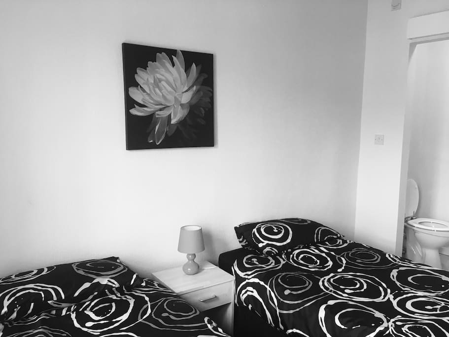 Twin Bedroom with En Suite facilities. Wardrobe, bedside table & lamp. TV & WiFi.