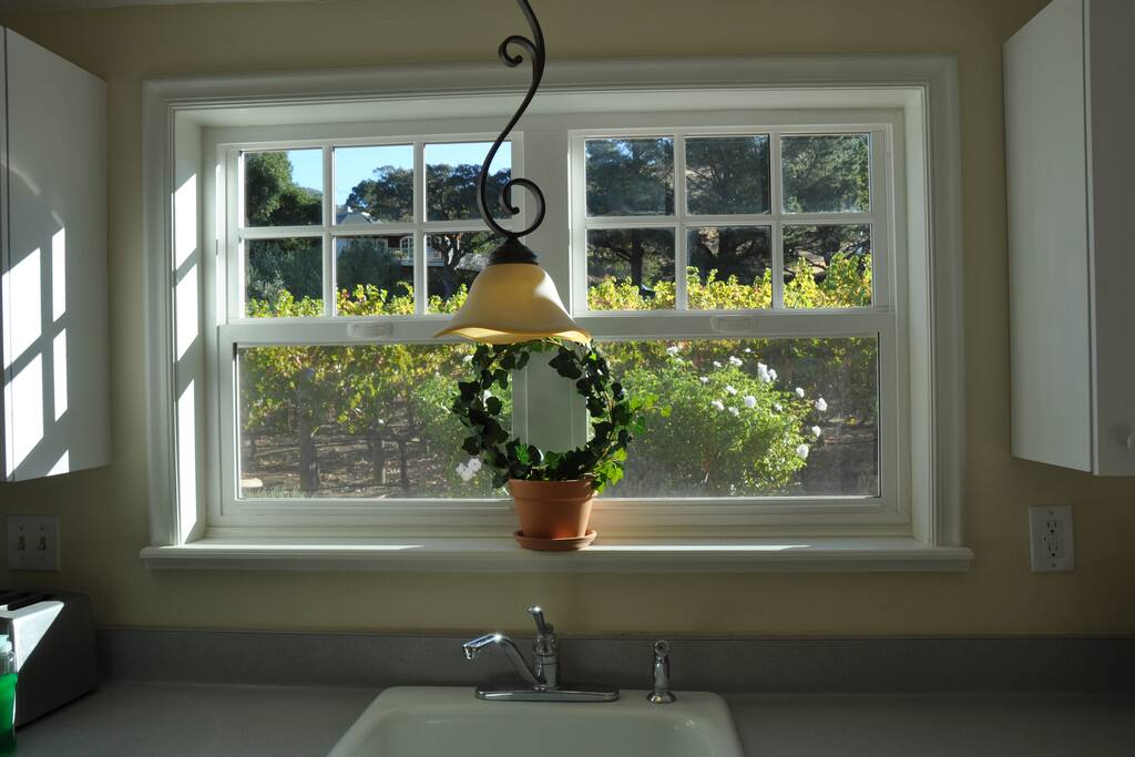View from kitchen sink. There is a full kitchen complete with everything needed to prepare meals at home!