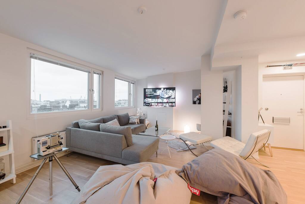 Two Fatboy chairs provide extra seating for your cozy movie night!