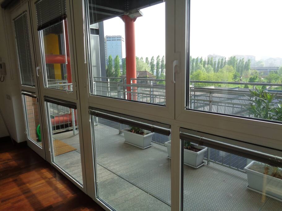 The glass wall and the entrance door.