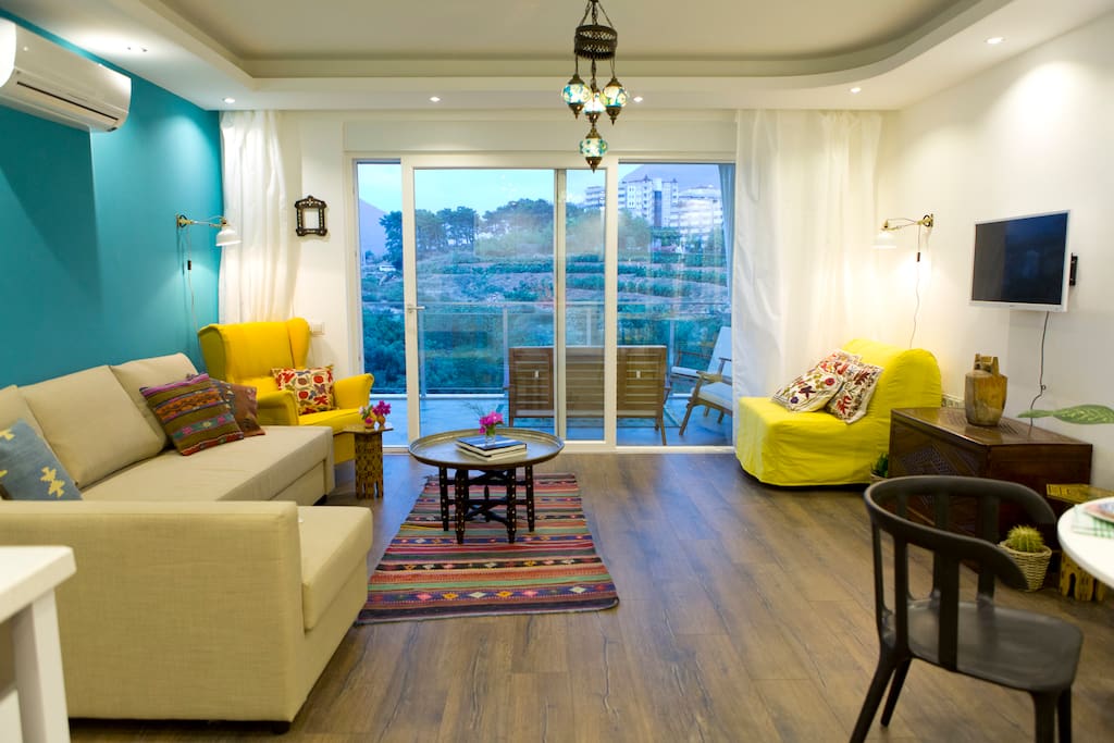 Living room with queen size sofa- bed ( for two people ) and tween size sofa - bed ( for one person )