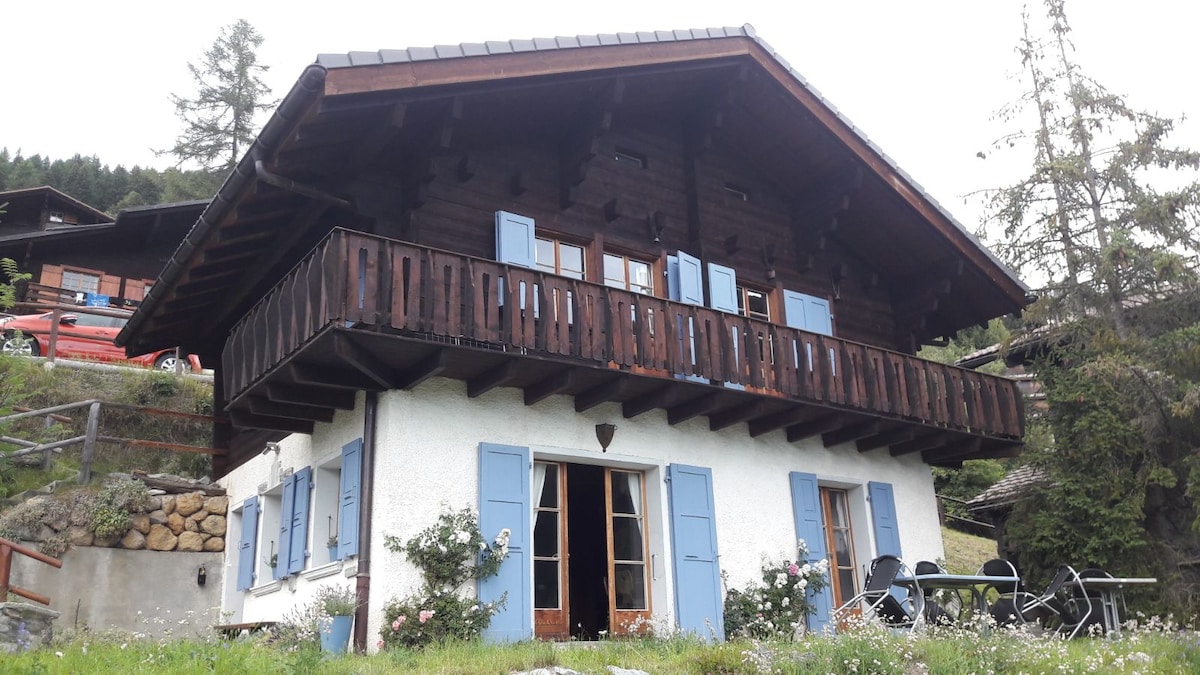 The chalet features a classic alpine style with a wooden upper balcony and blue shutters. Large doors open to the garden, revealing seating options outside. The surrounding greenery and trees complement the rustic architecture, creating a serene outdoor space.