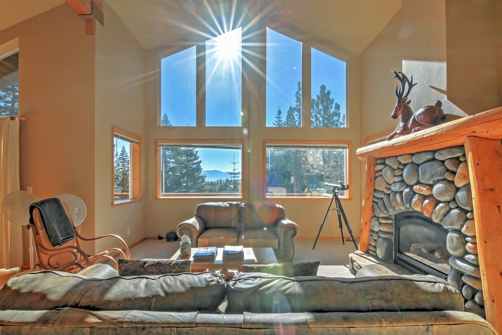 Get comfy by the stone fireplace during the colder months.