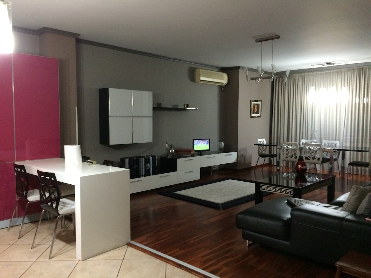 A modern open-concept living and dining area features sleek hardwood floors and a large area rug. A stylish black sofa is positioned facing a mounted television, while a contemporary white dining table and chairs are set nearby. Natural light filters through floor-length curtains.