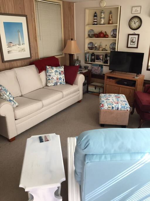 The front room, hide-a-bed, and TV