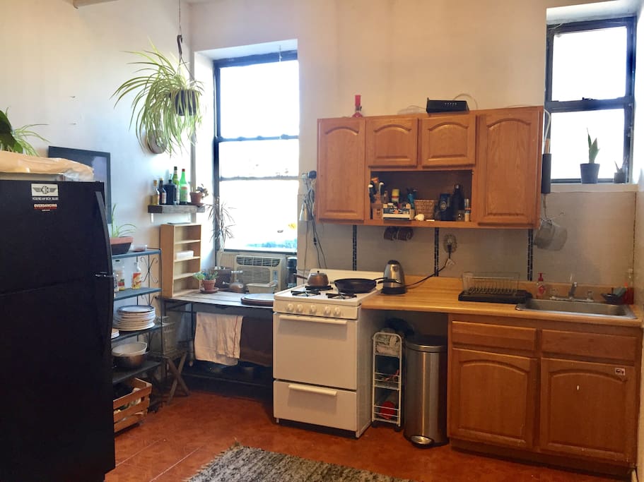 Kitchen with all necessary cooking supplies.