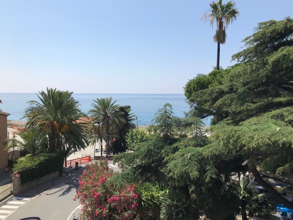 A scenic view of the Mediterranean Sea is presented, framed by lush palm trees and vibrant flowering plants. The coastline, visible beyond tree foliage, showcases peaceful sea waters under a clear sky, offering a sense of tranquility from the apartment's balcony.