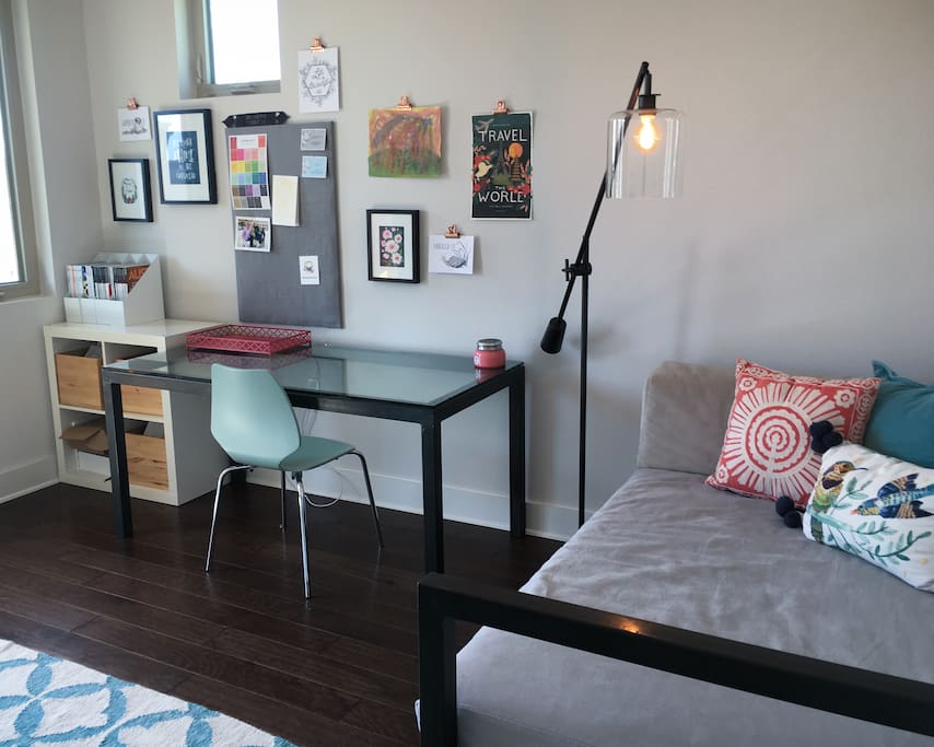 The third floor office has a twin bed and space for an air mattress or baby cot.