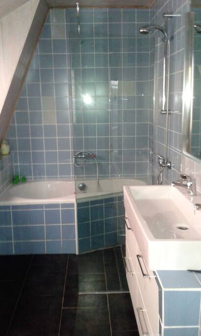 De (gedeelde) badkamer met douche en toilet direct naast logeerkamer.