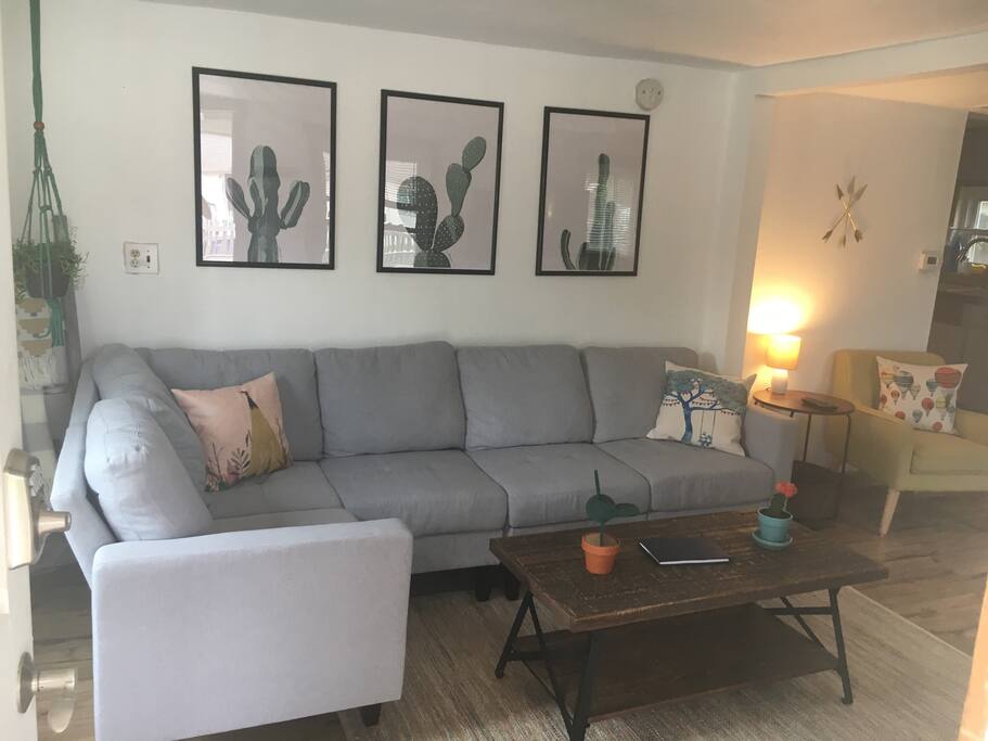 Comfy couch with throw blankets
for ultimate comfort.