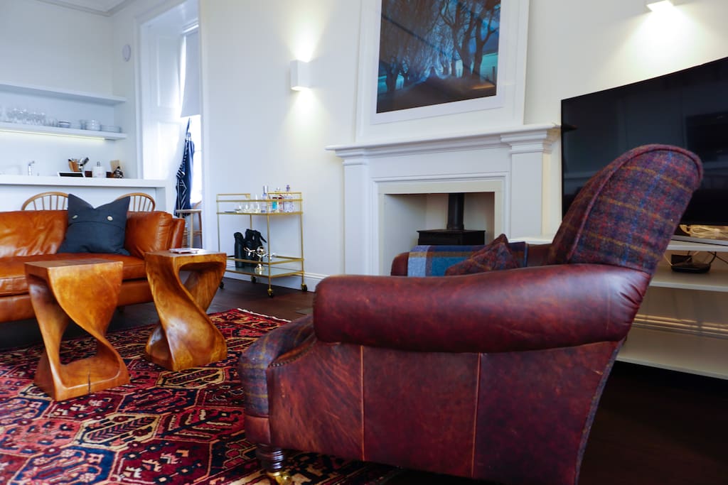 Warm, but contemporary decor throughout the flat