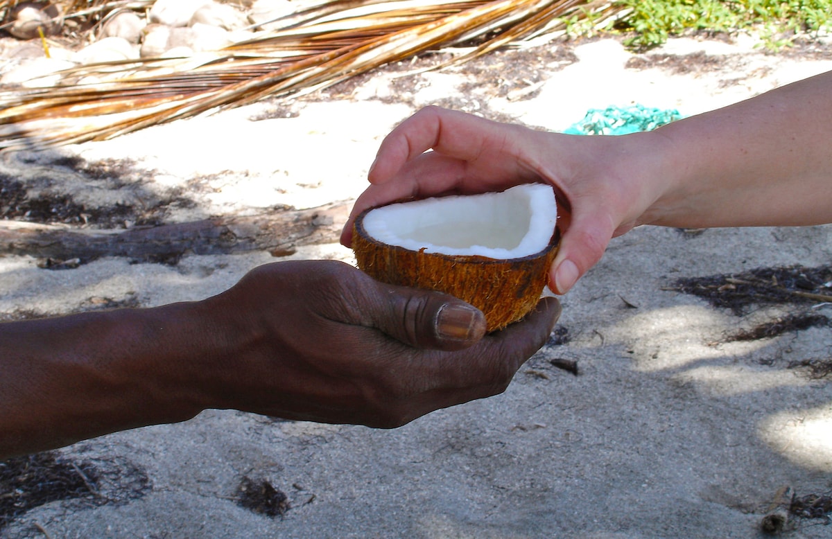 A close-up of two hands exchanging a half coconut on a sandy beach. One hand is dark-skinned, the other is light-skinned, illustrating a moment of connection. The background features sandy textures with scattered leaves and greenery, encapsulating a relaxed beach atmosphere.