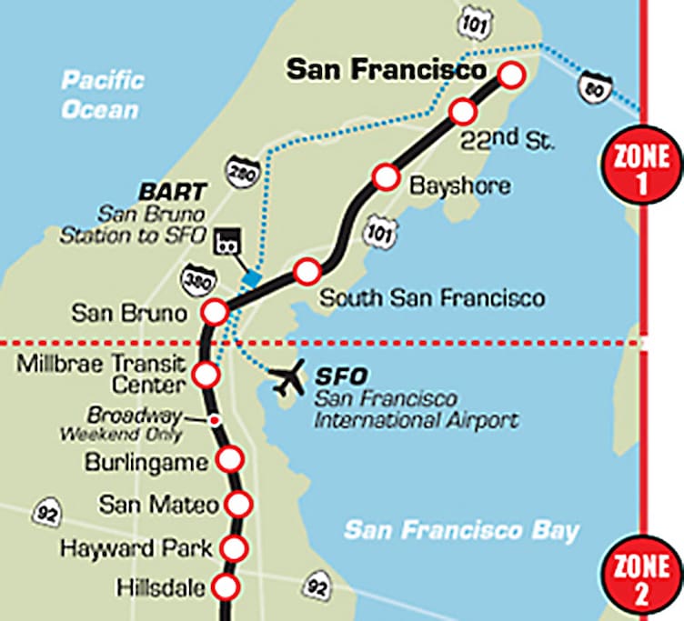 Our home in Millbrae is a perfect location to get to San Francisco and SFO international airport. BART electric train and CalTrain diesel train to downtown San Francisco.