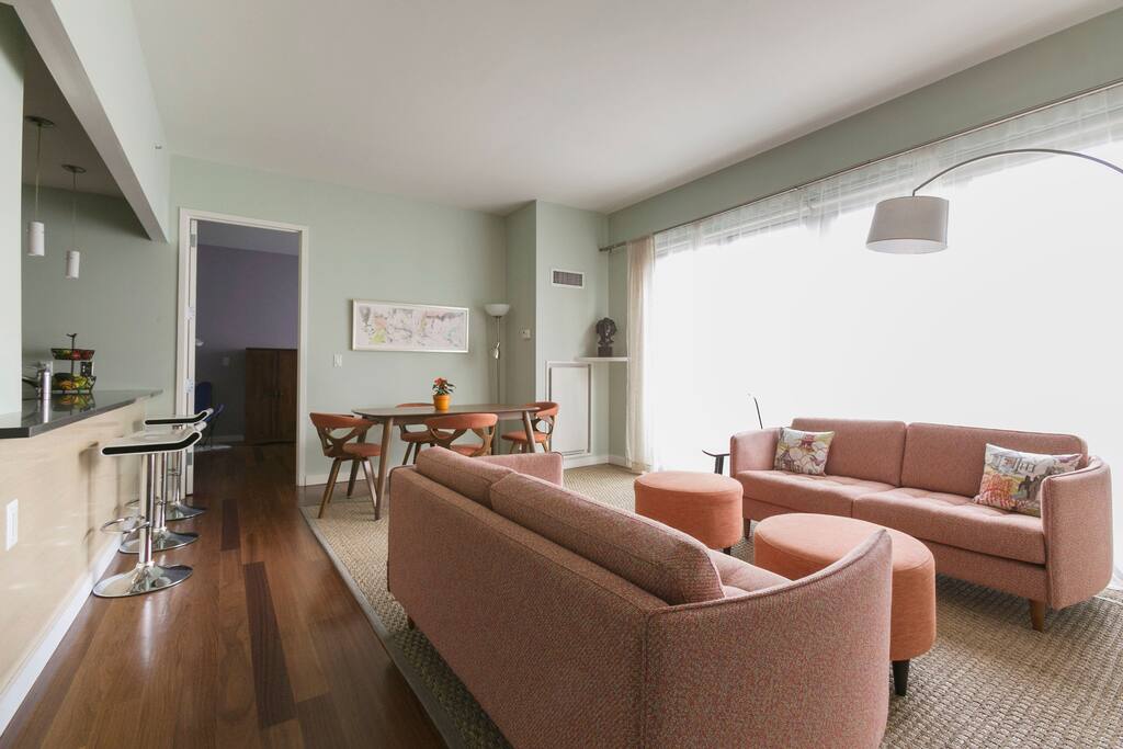 Living room, dining area and kitchen counter