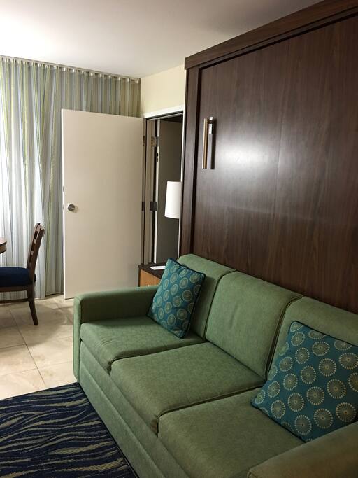 Closed Murphy bed is a couch