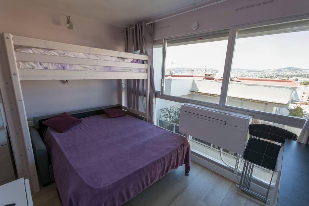 Conbfortable sofa-bed, 2 persons + mezzanine 1 person on top