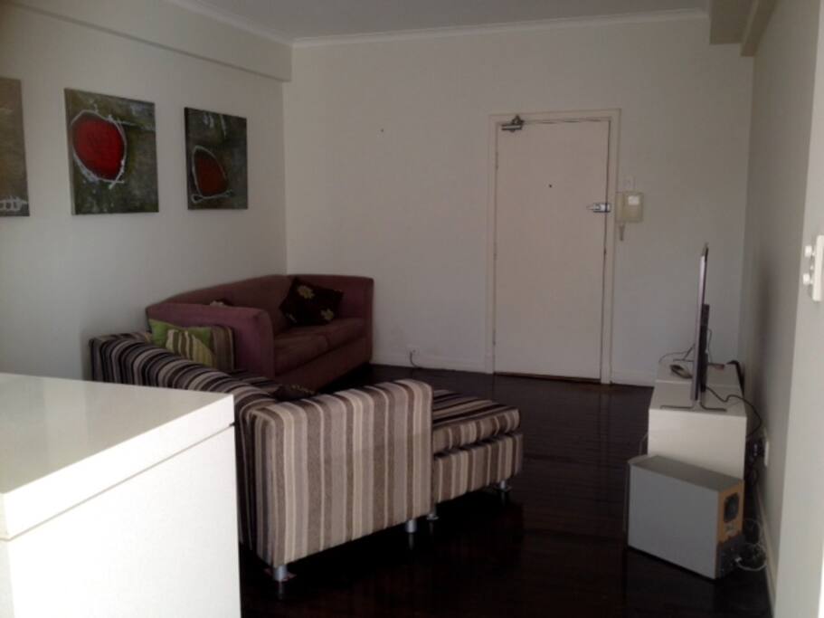 The sofa in the corner is a full queen fold out bed