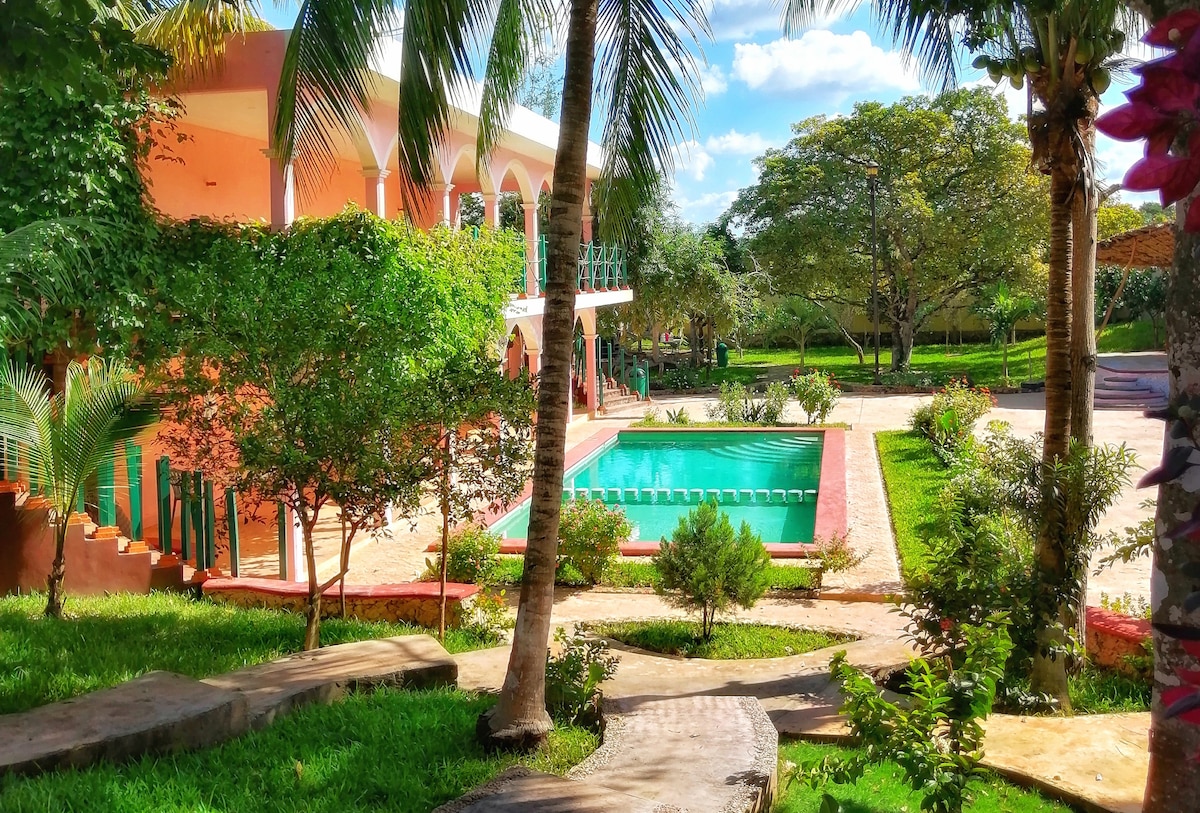 A spacious outdoor area showcases a rectangular swimming pool surrounded by lush greenery. Bright sunlight illuminates the scene, highlighting the vibrant architecture of the nearby building with arched windows and a porch. Trees and shrubs add to the natural ambiance.