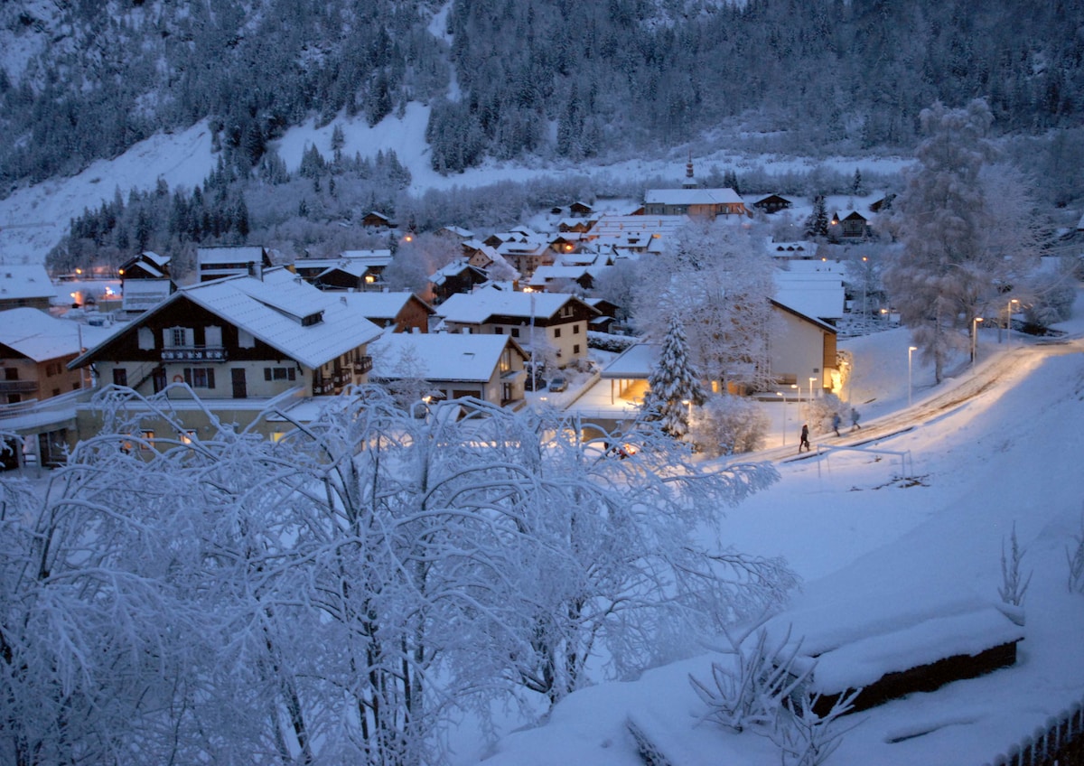 A snow-covered village is presented, with soft lights glowing from buildings and streets. Frosted trees frame the foreground, while the backdrop features a mountainous landscape. The scene captures the peaceful ambiance of the area during winter, emphasizing the tranquility and charm of the surroundings.