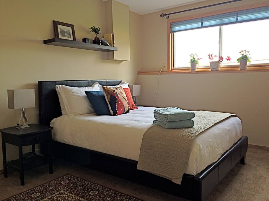 Pillow top queen bed with warm and cozy duvet