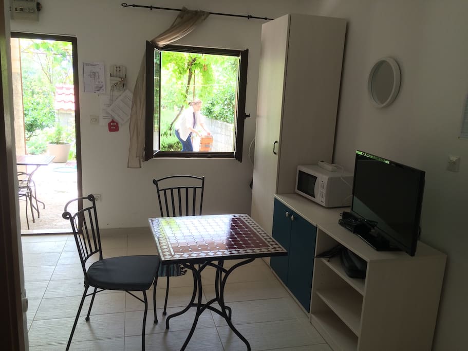 Dining area with tv, microwave, closet