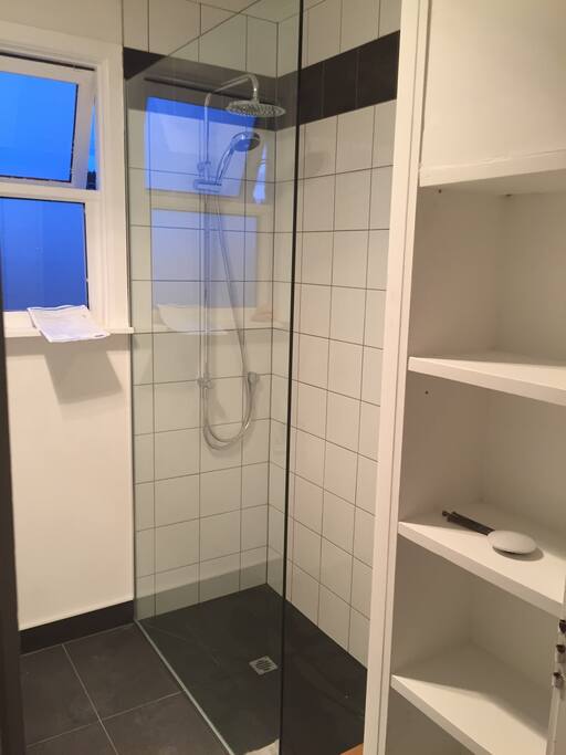 The bathroom including a shower and rain water shower.