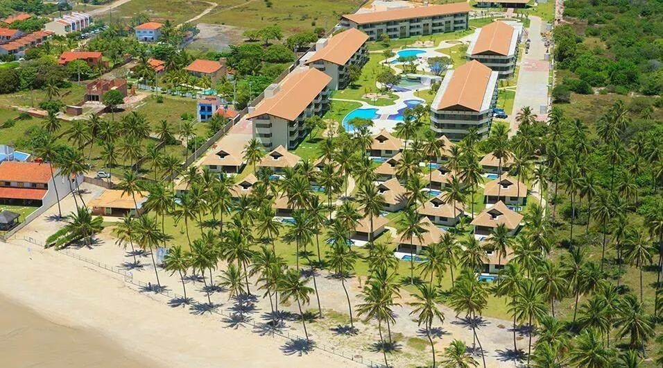 An aerial view captures a sprawling resort nestled among palm trees, with various buildings arranged around a lagoon-style pool. The sandy beach borders the property, providing a natural transition from lush greenery to ocean views.