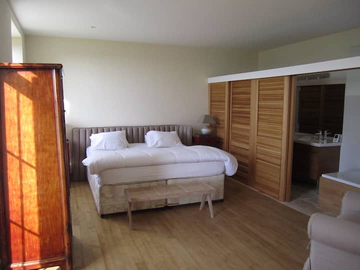 חדר שינה עם מיטת קינג סייז - מיזוג אוויר. חדר רחצה פרטי עם אמבטיה/מקלחת ושירותים, תנורי חימום. ממוקמת בקומת הקרקע, 25 מ"ר. 