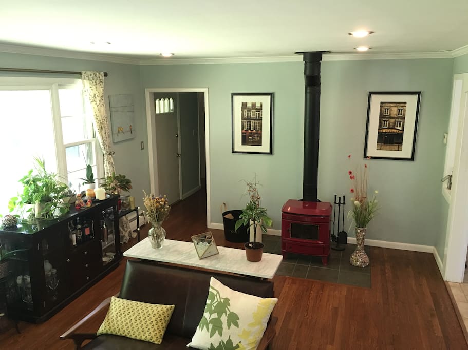 Open living room with wood burning stove