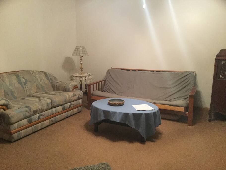 Futon makes into double bed; love-seat size sofa.