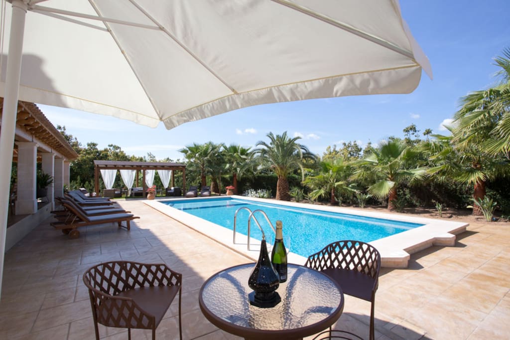Relax with a beverage by the pool in sun or shade.