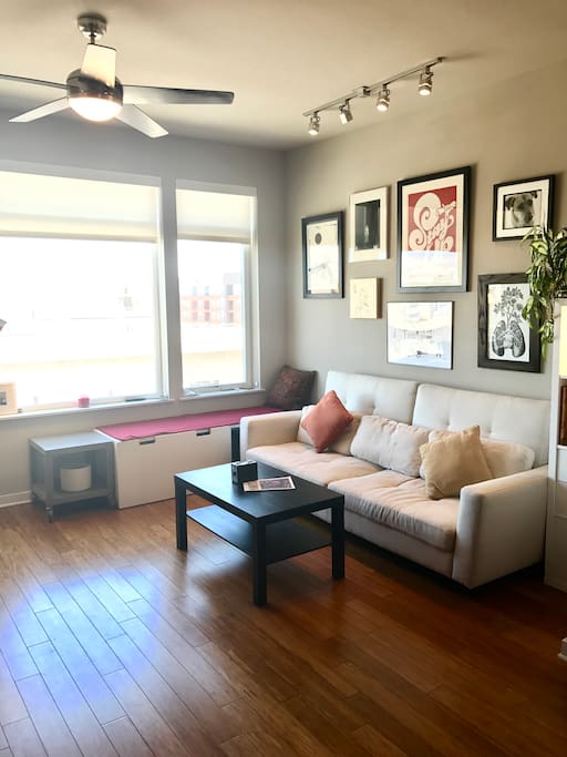 north east facing window. Couch pulls out into a futon.