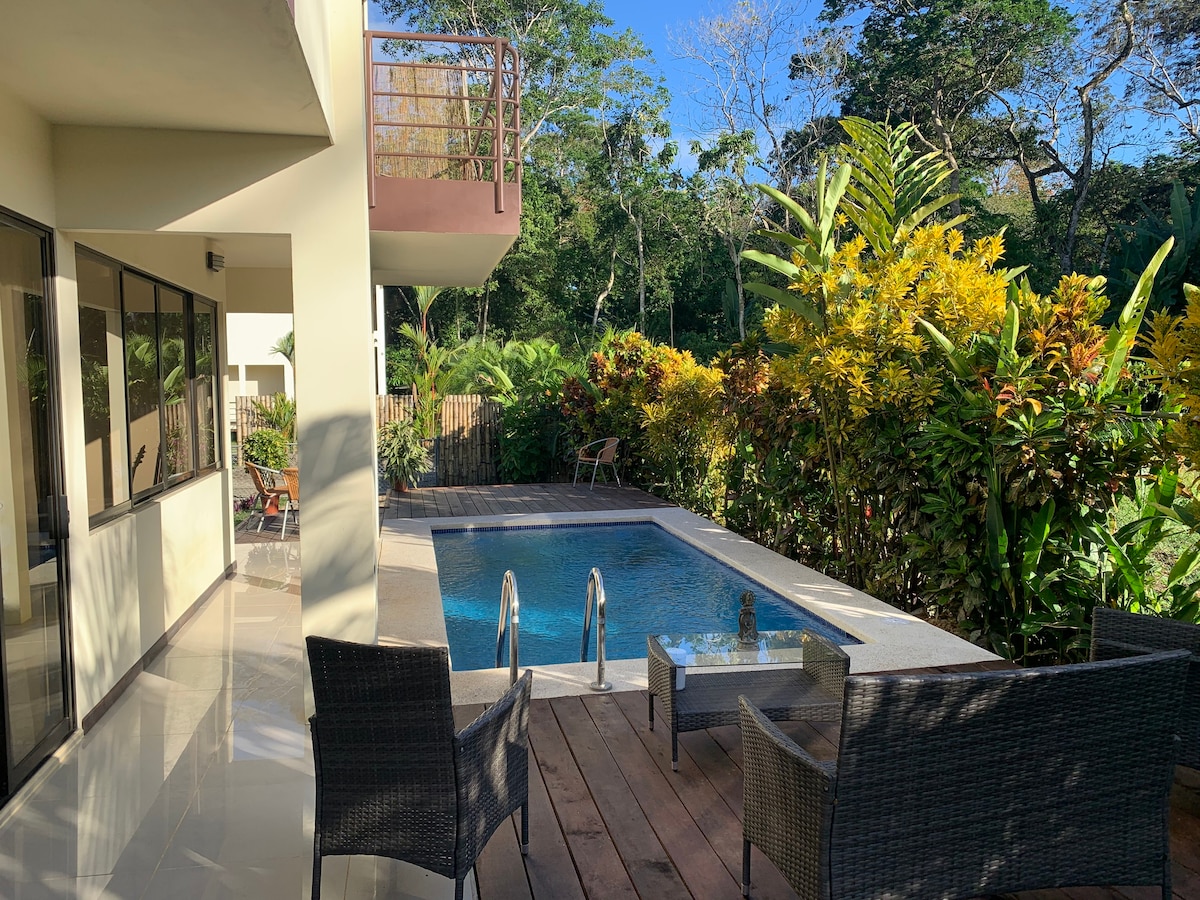A modern outdoor space features a private pool surrounded by lush greenery. Comfortable seating areas are positioned on a wooden deck. Large windows of the house offer views of the tranquil setting, integrating nature with the living space.
