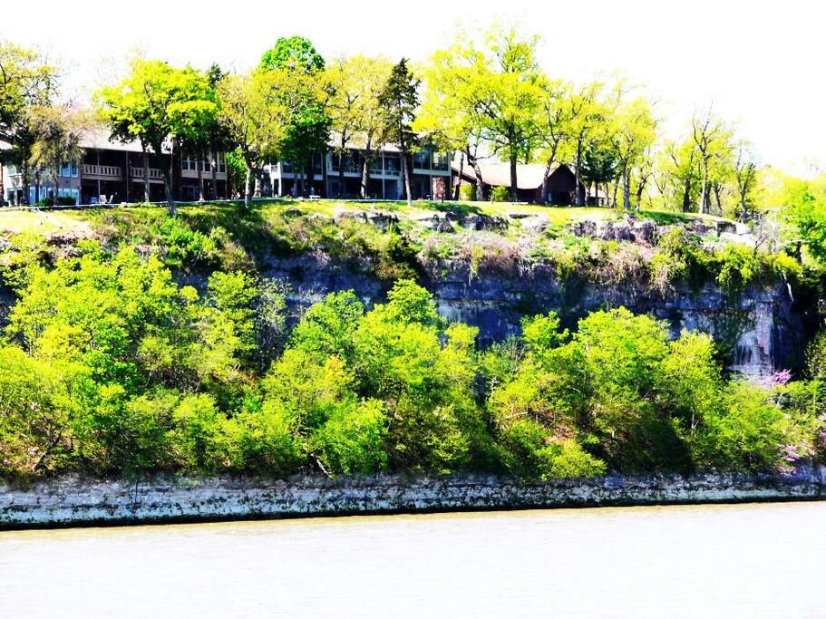 The center building is Cliff Dwellings as viewed from the lake.
