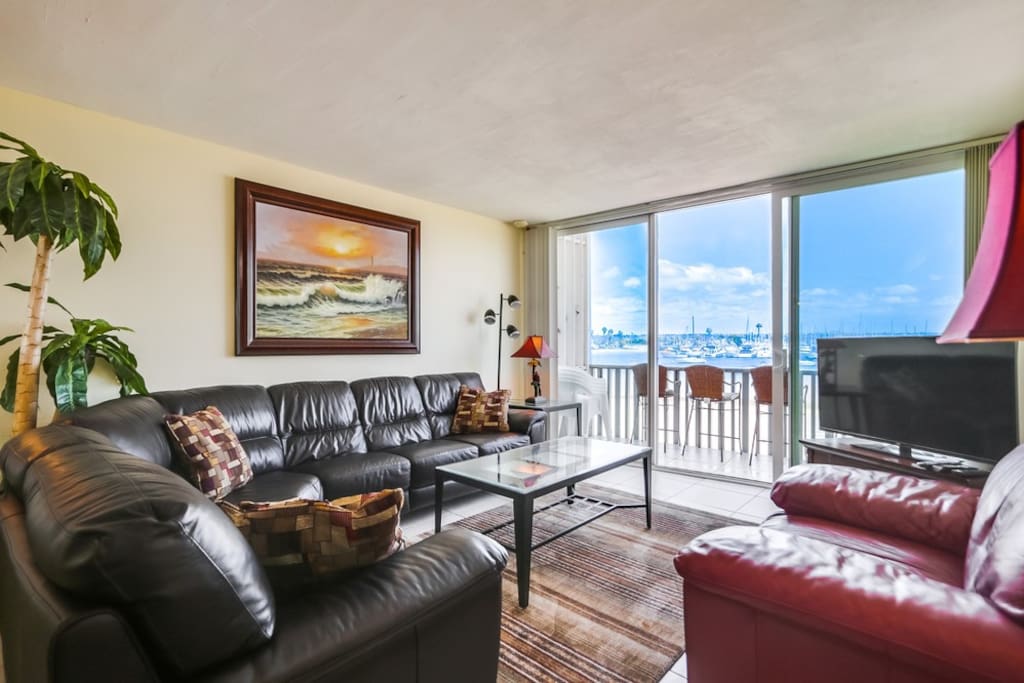 Panoramic view of the bay from the living room, including SeaWorld fireworks in the summer.