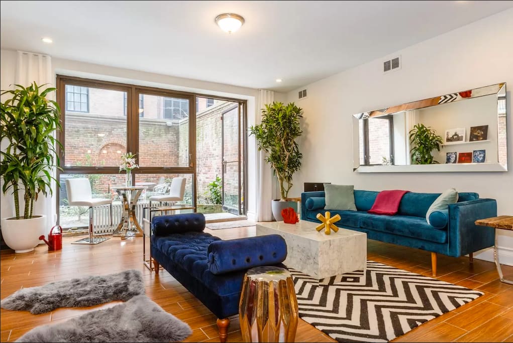 Living Room with Garden Patio Outside
