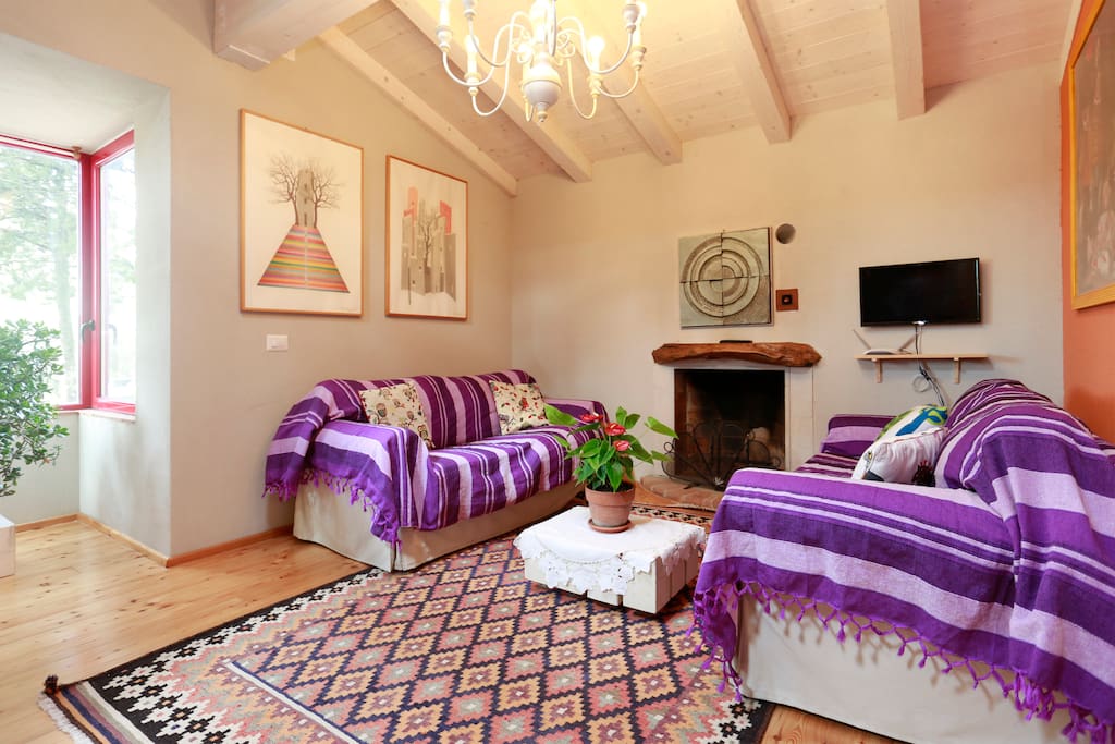 Living with TV and fireplace