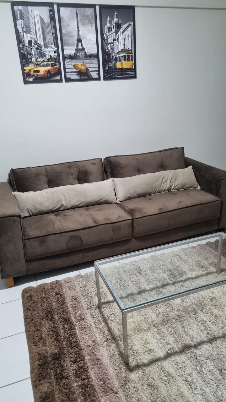 Divan me tavolinë kafeje, përpara ka një raft me televizor.