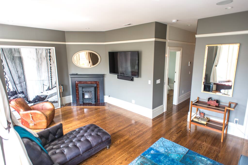 Pocket door makes this living area private.