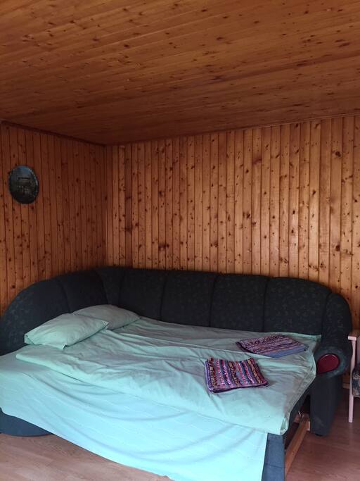 opened up sofa bed fit for 2 adults (+small child)