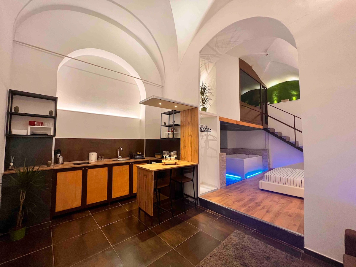 An open space kitchen and living area features wooden cabinetry and modern appliances. A bar area with seating is highlighted, while high arched ceilings enhance the sense of space. The sleeping area is visible on an elevated level, with soft lighting adding ambiance.